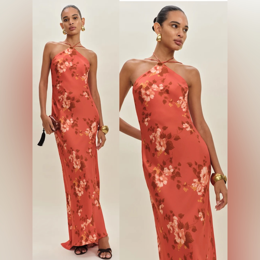 New Reformation Zinna Satin Dress Coral Bloom Orange Red Maxi Halter Floral 6